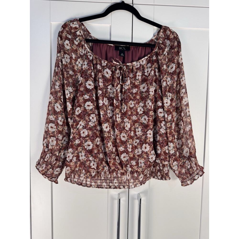 BCX Floral Blouse XL Burgundy Boho Peasant Top Smocked Waist Sheer Sleeve